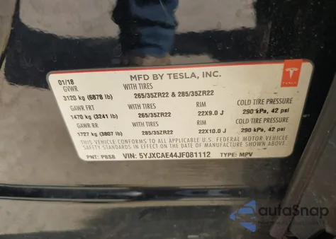 2018 Tesla Model X 100D/75D/P100D z USA, uszkodzony, nr VIN 5YJXCAE44JF081112